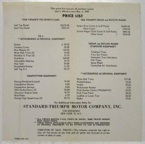 1958 Triumph TR3 and Sedan & Estate Wagon Price Sheet