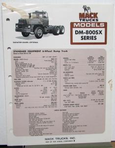 1974 Mack Truck Model DM 800SX Specification Sheet