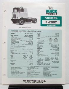 1974 Mack Truck Model F 700T Specification Sheet