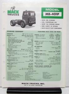 1974 Mack Truck Model MB 401P Specification Sheet