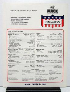 1975 Mack Truck Model DM 685S Specification Sheet