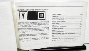 1989 Pontiac Firebird Formula Trans Am GTA Owners Manual Original Care & Op