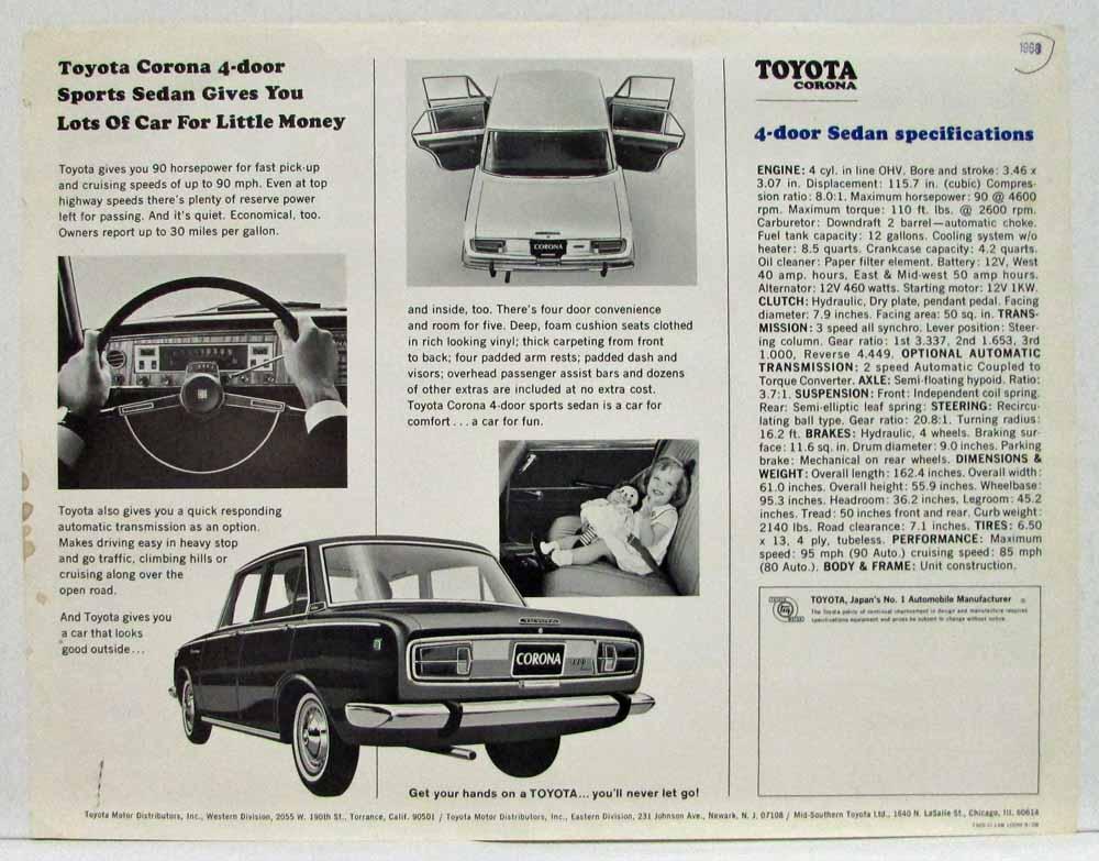 1968 Toyota Corona 4-door Sports Sedan Spec Sheet