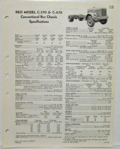 1960 REO C-370 and C-470 Conventional Bus Chassis Spec Sheet