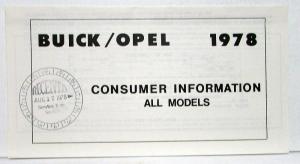 1978 Buick Opel Owners Operators Manual Original