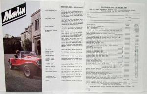 1989 Marlin Roadster Sales Brochure Description Sheet & Price List Order Form