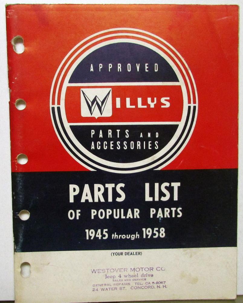 1945-58 Willys Dealer Popular Parts List Book Jeep Jeepster Wagon Truck Car