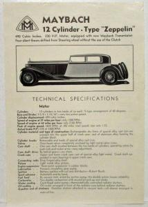 1932 Maybach 12 Cylinder Type Zeppelin Spec Sheet