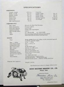 1966-71 Cony 360 Baby Delivery Truck Data Sheet Aichi Machine Co Japan