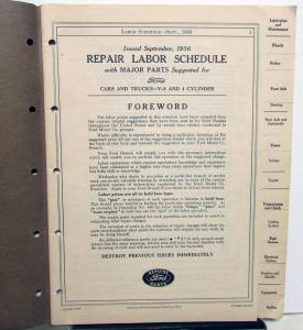 1936 Ford Dealer Labor Repair Schedule Book Pricing Car Truck V8 & 4 Cylinder