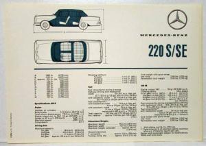 1962 Mercedes-Benz 220S-SE Sales Folder with Spec Sheet P2235