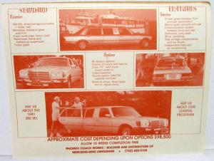 1980 Custom Mercedes-Benz Limousine Data Sheet Handout Phoenix Coach Works