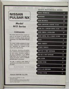 1986 Nissan Pulsar NX Service Shop Repair Manual Model N12 Series