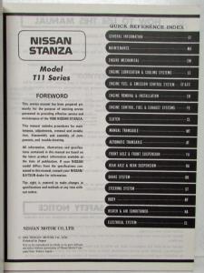 1986 Nissan Stanza Service Shop Repair Manual Model T11 Series