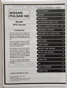 1985 Nissan Pulsar NX Service Shop Repair Manual Model N12 Series