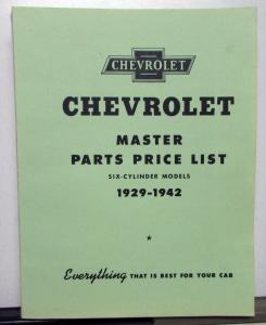 1929-1942 Chevrolet Dealer Master Parts Price List Six Cylinder Models Repro