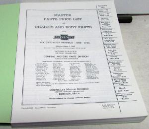 1929-1942 Chevrolet Dealer Master Parts Price List Six Cylinder Models Repro