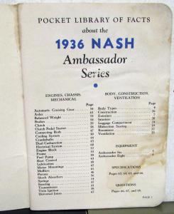 1936 Nash Dealer Data Facts Book Sales Reference Ambassador Series Features Secs