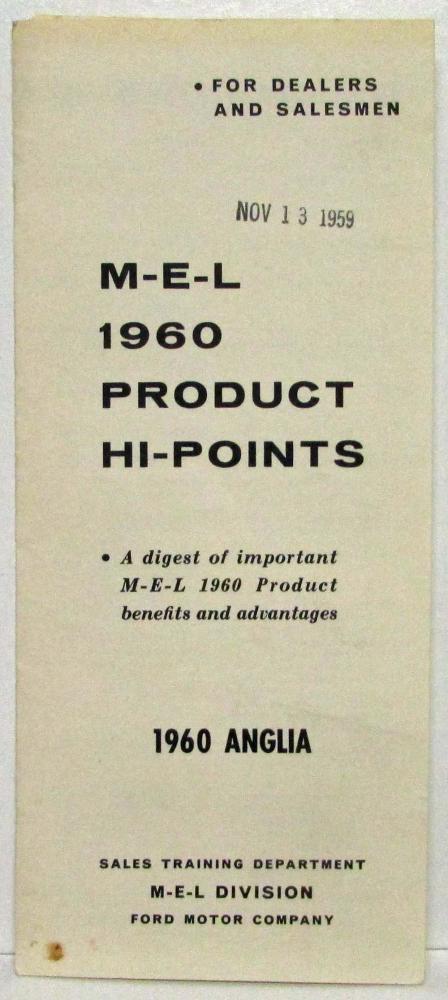 1960 Ford Anglia M-E-L Product Hi-Points Tri-fold Guide for Dealers & Salesman