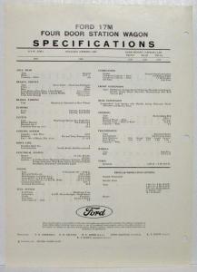 1969 Ford 17M Four Door Station Wagon Spec Sheet - South African Market