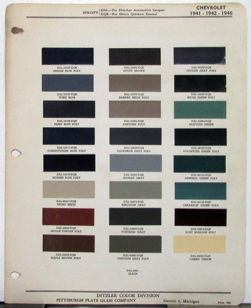 1941 1942 1946 Chevrolet Paint Chips by Ditzler Form 465 Original