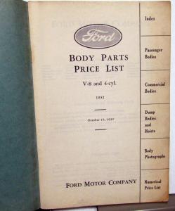 1932 Ford Dealer Body Parts Book Catalog Price List V8 & 4 Cyl Car Truck Coupe