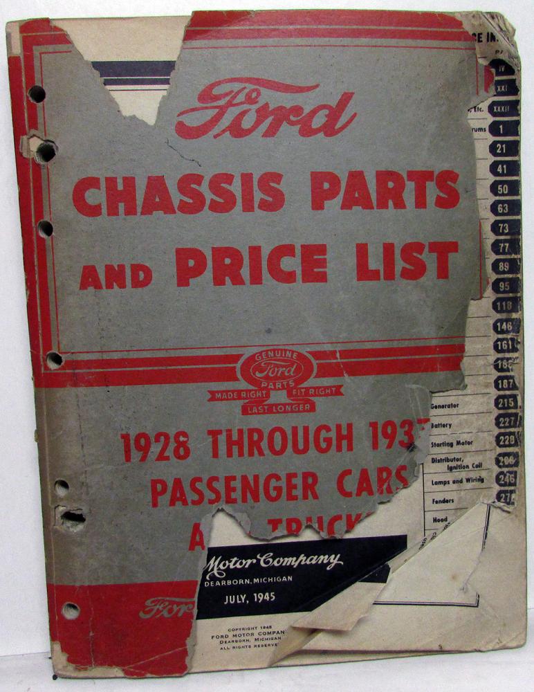 1928-1937 Ford Chassis Parts & Price List Book Model A B 40 46 48 50 51 ...