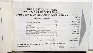 Original 1968 Chevrolet Truck Owners Manual C/K 10 20 30 Series 1/2 3/4 1 Ton