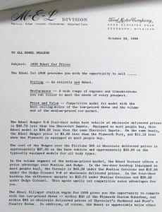 1959 Ford Edsel Pricing Letter Documents General Sales Bulletin Original