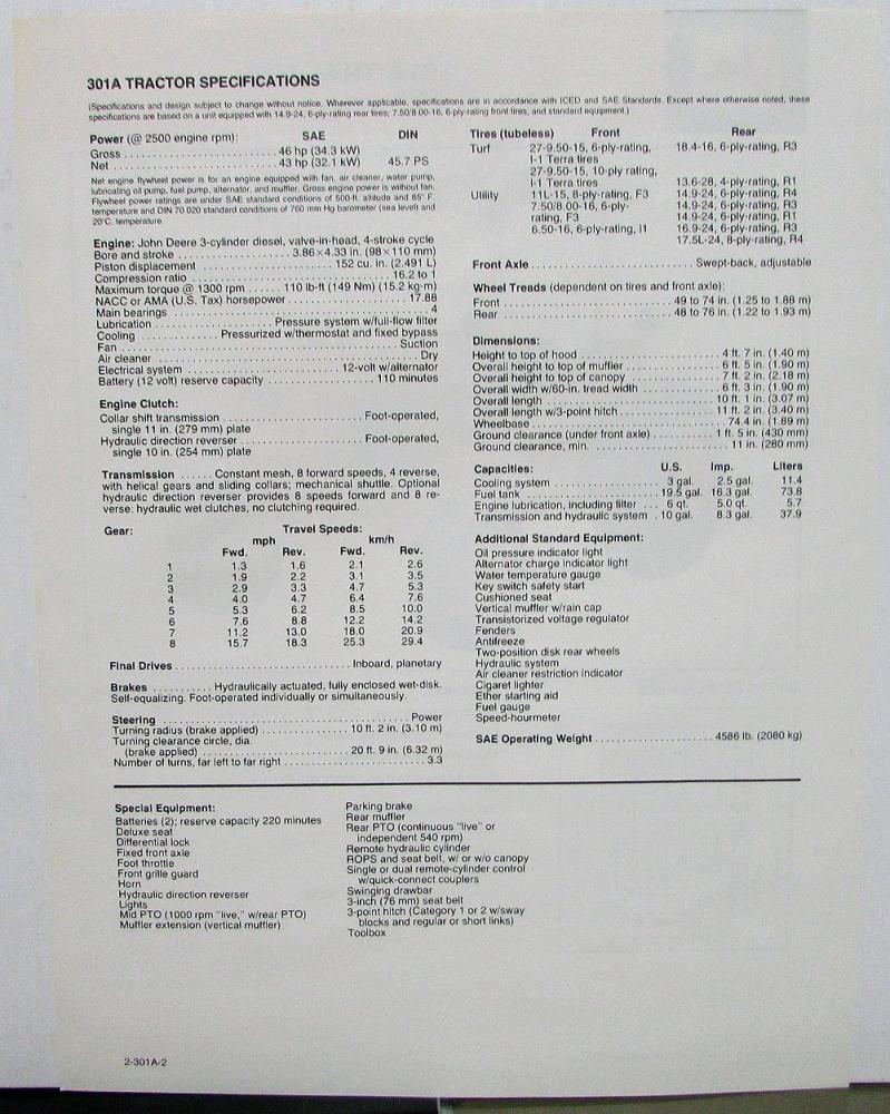 1981 John Deere Dealer Sales Brochure Data Spec Sheet 301A Tractor