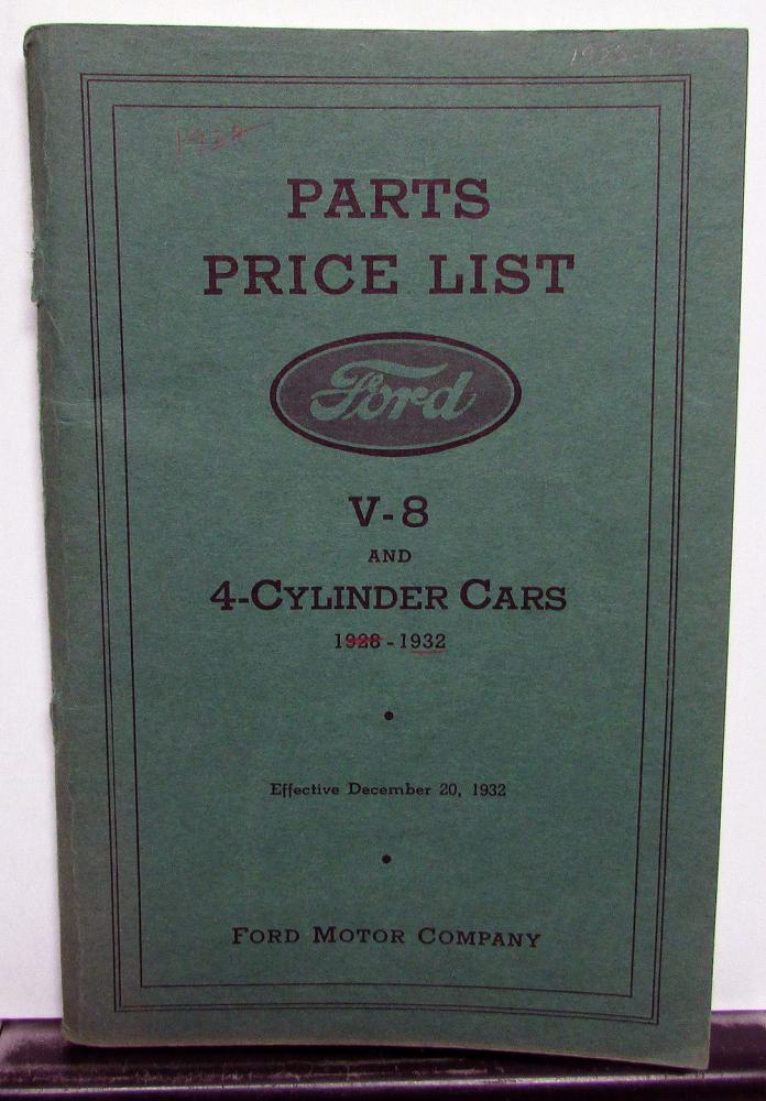 1928 1929 1930 1931 1932 Ford Parts Price List Flathead V8 & 4 Cylinder Reprint