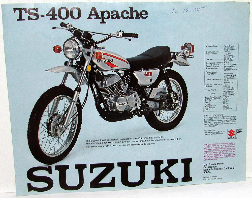 1970s Suzuki Ts 400 Apache And Ts 250 Savage Motorcycle Dealer Data Sheet