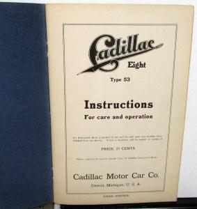 1916 Cadillac Eight Type 53 Owners Operator Manual Care & Operation Instruction