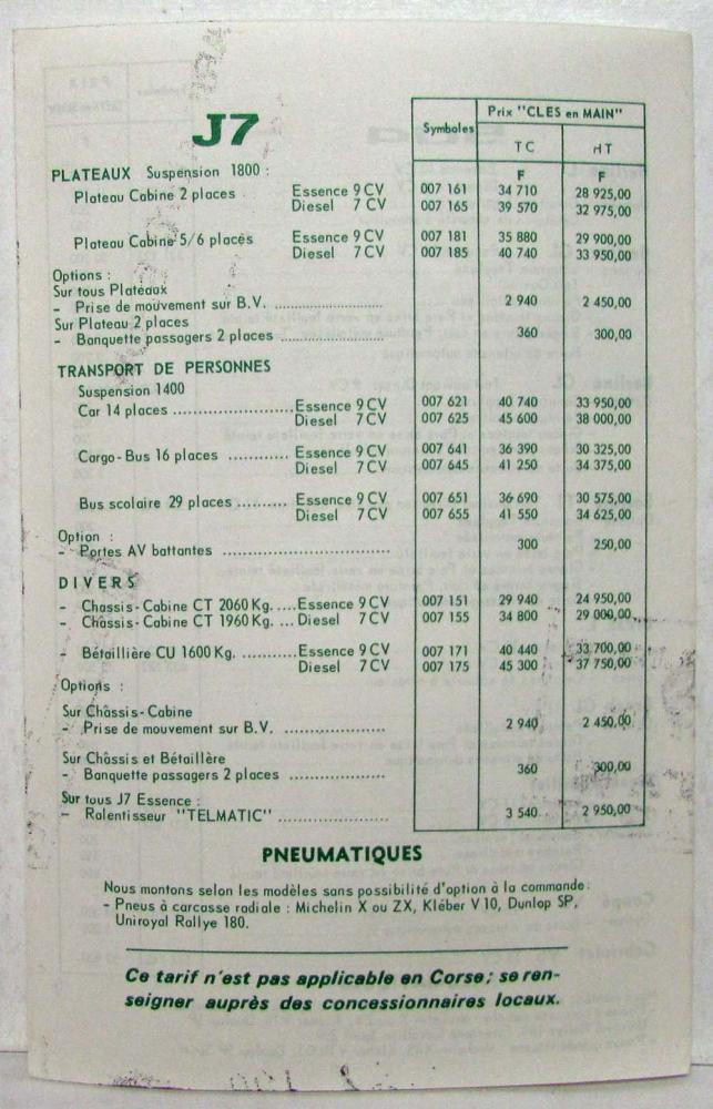 1976 Peugeot Price List Folder - French Text