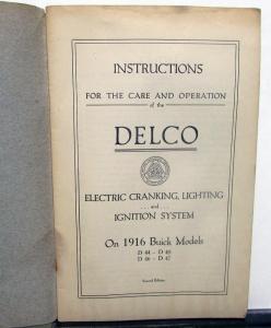 1916 Buick Delco Electrical System Owners Instruction Manual D44 45 46 47 Orig