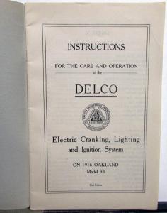 1916 Oakland Model 38 Owners manual Delco Instruction Book Electrical Orig