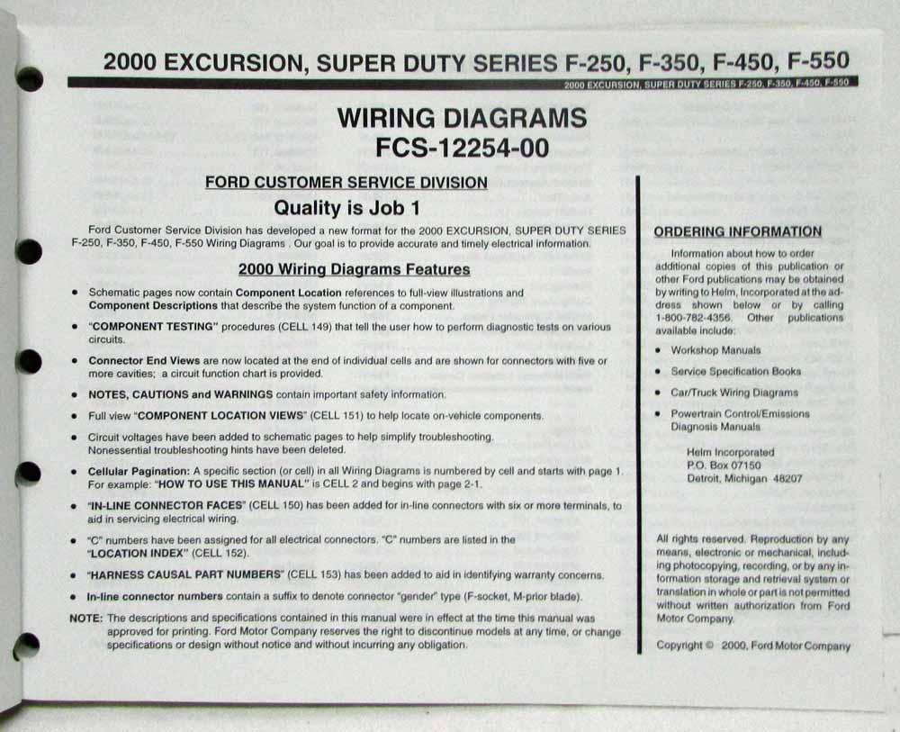2000 Ford Excursion F 250 350 450 550 Superduty Electrical Wiring Diagram Manual