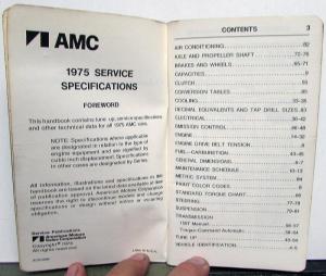 1975 AMC American Motors Gremlin Hornet Matador Service Specifications Handbook