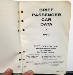 1967 Ethyl Corporation Brief Passenger Car Data Booklet Chrysler Cadillac Ford