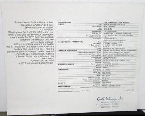 1973 Volkswagen Station Wagon VW Bus Van Sales Specifications Data Sheet