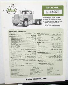 1966 Mack Truck Dealer R-763ST Sales Brochure Data Sheet Specifications