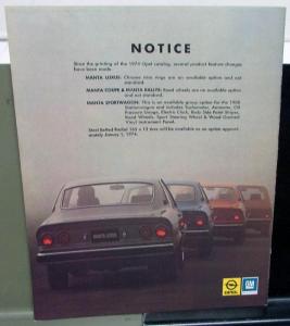 1974 Opel Manta Dealer Brochure Large Features Specs Luxus Rallye Sport Wagon