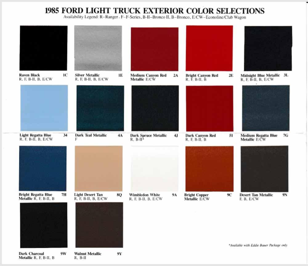 1985 Ford Light Truck Exterior Colors Paint Chips Folder Pickup Bronco