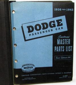 1936 1937 1938 1939 1940 1941 1942 Dodge Parts Book Manual Car Original W/Binder