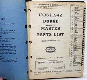 1936 1937 1938 1939 1940 1941 1942 Dodge Parts Book Manual Car Original W/Binder