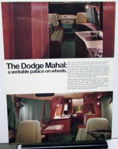 Early 1970s Dodge Mahal Travco Motor Home RV Camper Dealer Data Sheet