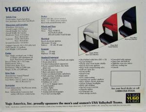 1988 Yugo GV Sales Spec Sheet