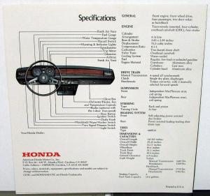 1975 Honda Civic Dealer Sales Brochure Sedan Hatchback Features Specs