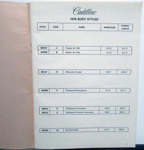 1978 Cadillac Optional Specifications Dealer Sales Reference Data Book Ordering