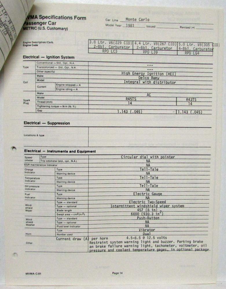 1981 MVMA Prelim Specifications Form Passenger Car - Chevrolet Corvette ...